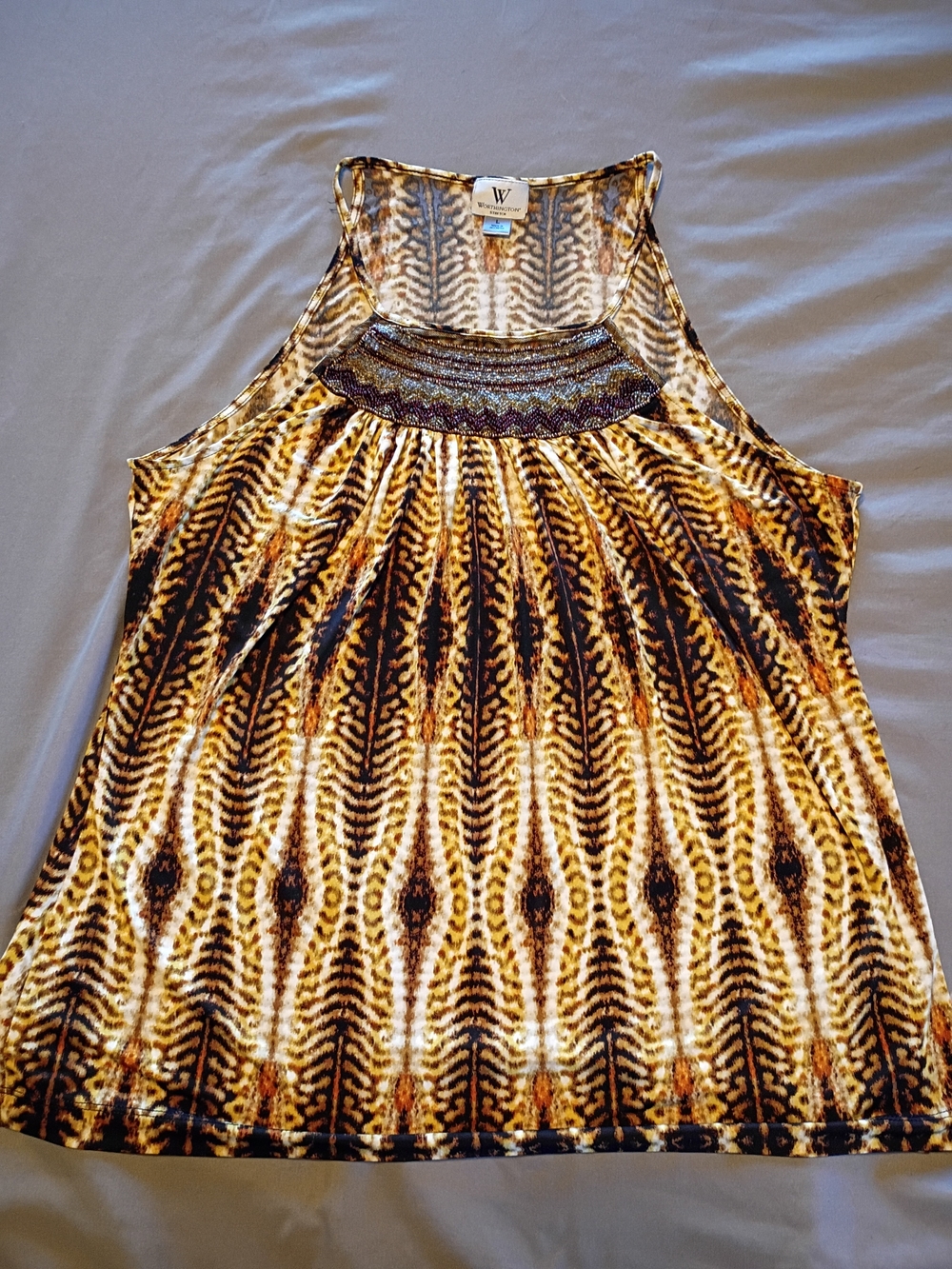 Worthington Gold and Black Printed Tank with Beaded Yoke